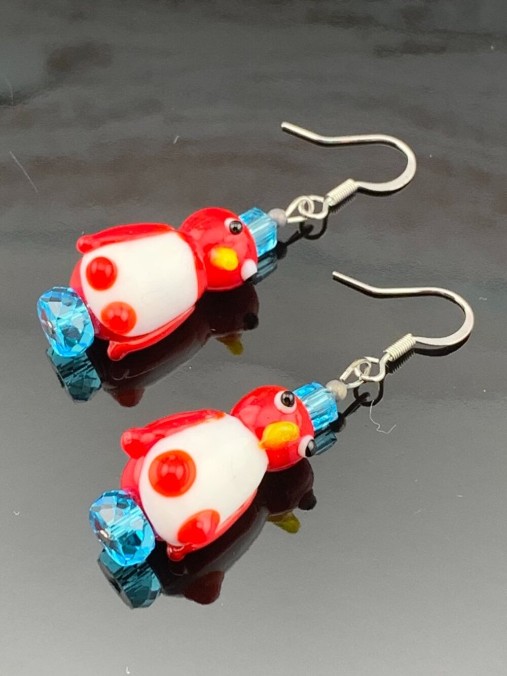 Red Penguin Lamp Work Glass Handmade Handcrafted Earrings LR158